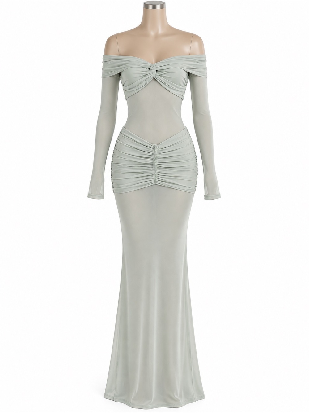 Peppermayo Sage Green Off-Shoulder Ruched Maxi Dress